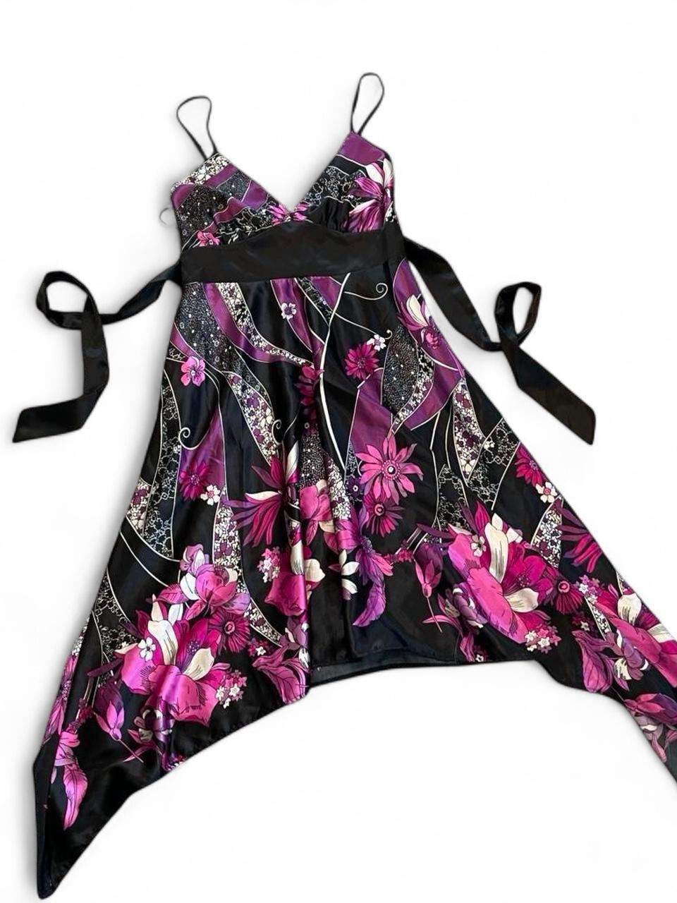 Vintage Evita Euro Purple And Black Floral Handkerchief Style Satin Fairy Dress